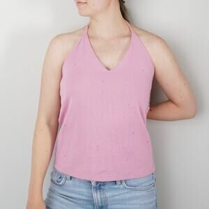 Gap Y2K Rhinestone Halter Top 100% Cotton Pink Tie Bow Neck Spring Summer Large